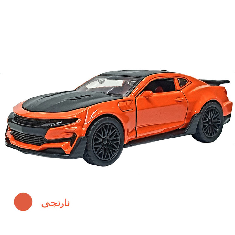 ماشین بازی فلزی غیرکنترلی طرح شورلت کامارو مدل سواری با حرکت عقبکش و جلو، دارای چراغ و افکت صوتی، طراحی با جزئیات دقیق و بدنه فلزی