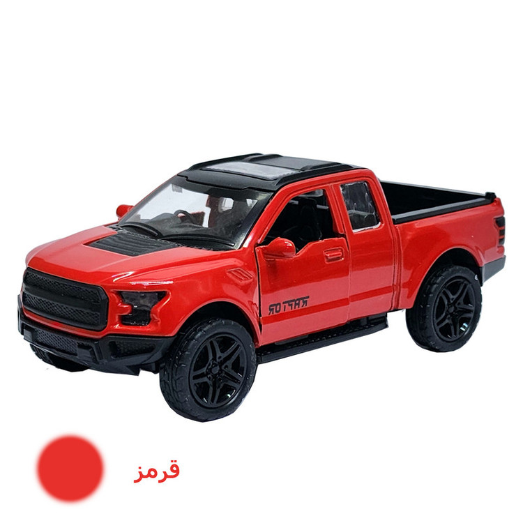 ماشین بازی آفرود فلزی طرح فورد RAPTOR عقبکش با در و صندوق بازشو، چراغ و افکت صوتی، طراحی دقیق و حرکت جلو و عقب