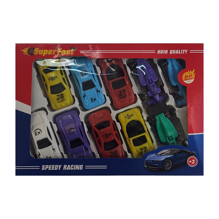 مجموعه 10 عددی ماشین بازی مسابقهای مدل speedy racing مناسب برای بالای 3 سال، با بدنه پلاستیکی و 4 چرخ