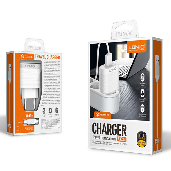 شارژر دیواری الدینیو مدل A303Q به همراه کابل تبدیل USB-C