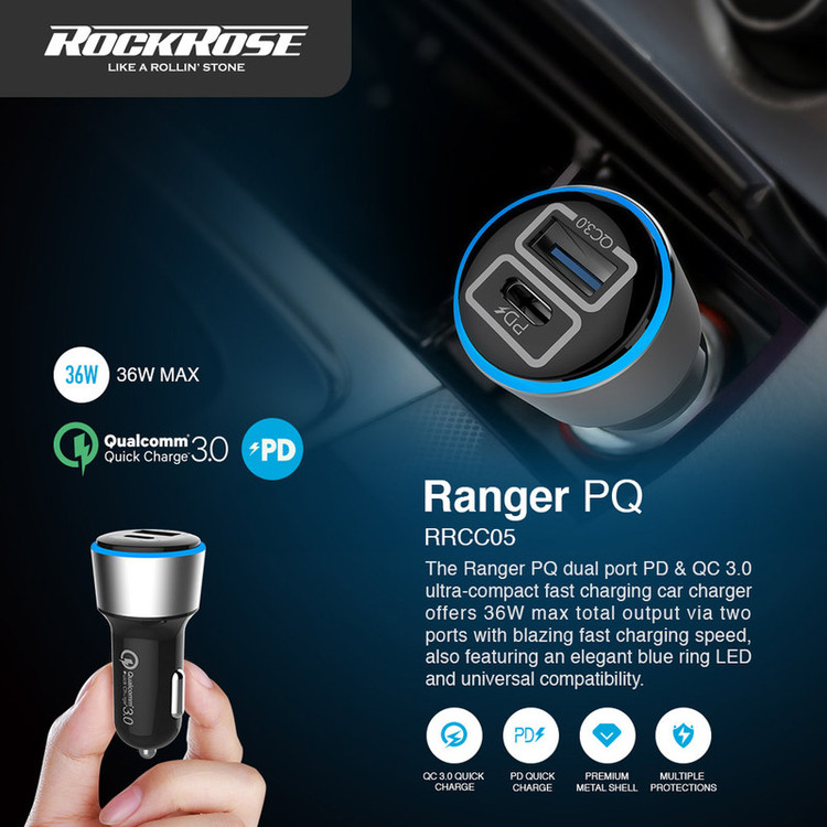 شارژر فندکی 36 وات راک رز مدل Ranger PQ به همراه کابل microUSB / لایتنینگ