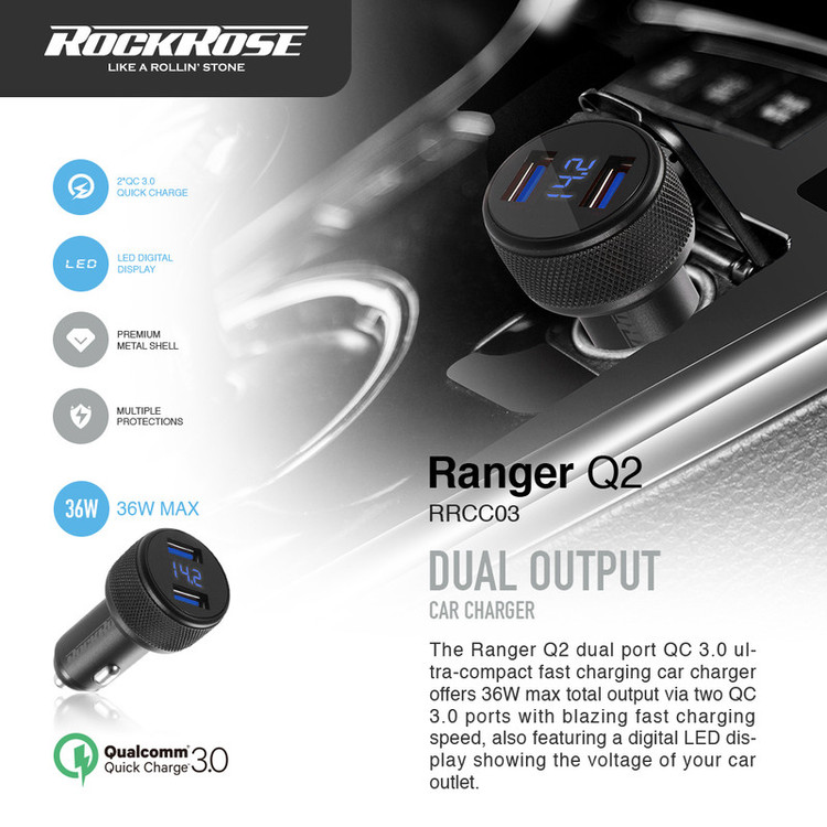 شارژر فندکی 36 وات راک رز مدل Ranger Q2 به همراه کابل USB-C/ MICROUSB
