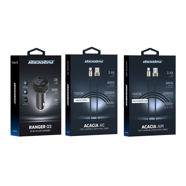شارژر فندکی 36 وات راک رز مدل Ranger Q2 به همراه کابل USB-C/ MICROUSB