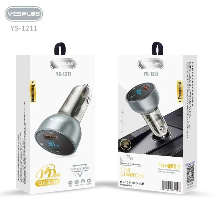 شارژر فندکی 30 وات 2 پورت یس پلاس مدل SUPER FAST 30W به همراه کابل USB-C