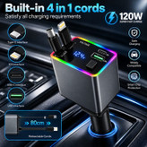 شارژر فندکی 4 پورت 120 وات مدل M37 4IN1، اتصال فندکی، درگاههای خروجی USB-A، USB-C و Lightning، به همراه کابل USB-C و کابل Lightning متصل، توان خروجی کلی 120 وات
