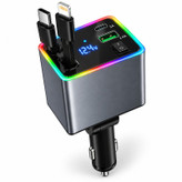 شارژر فندکی 4 پورت 120 وات مدل M37 4IN1، اتصال فندکی، درگاههای خروجی USB-A، USB-C و Lightning، به همراه کابل USB-C و کابل Lightning متصل، توان خروجی کلی 120 وات