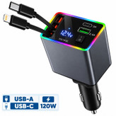 شارژر فندکی 4 پورت 120 وات مدل M37 4IN1، اتصال فندکی، درگاههای خروجی USB-A، USB-C و Lightning، به همراه کابل USB-C و کابل Lightning متصل، توان خروجی کلی 120 وات