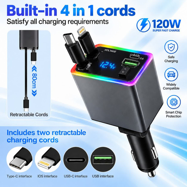 شارژر فندکی 4 پورت 120 وات مدل M37 4IN1، اتصال فندکی، درگاههای خروجی USB-A، USB-C و Lightning، به همراه کابل USB-C و کابل Lightning متصل، توان خروجی کلی 120 وات