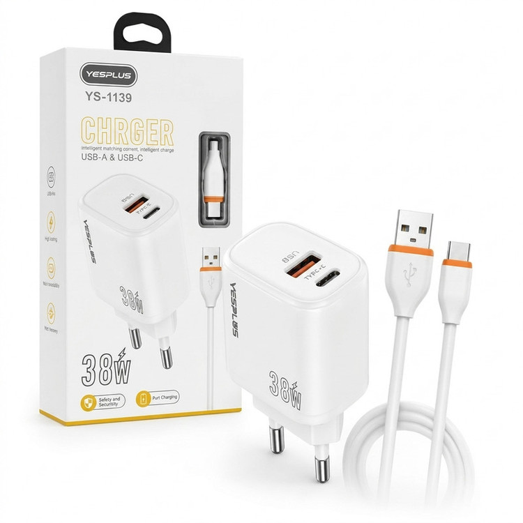 شارژر دیواری 38 وات 2 پورت یس پلاس مدل SUPER FAST CHARGING به همراه کابل تبدیل USB به USB-C