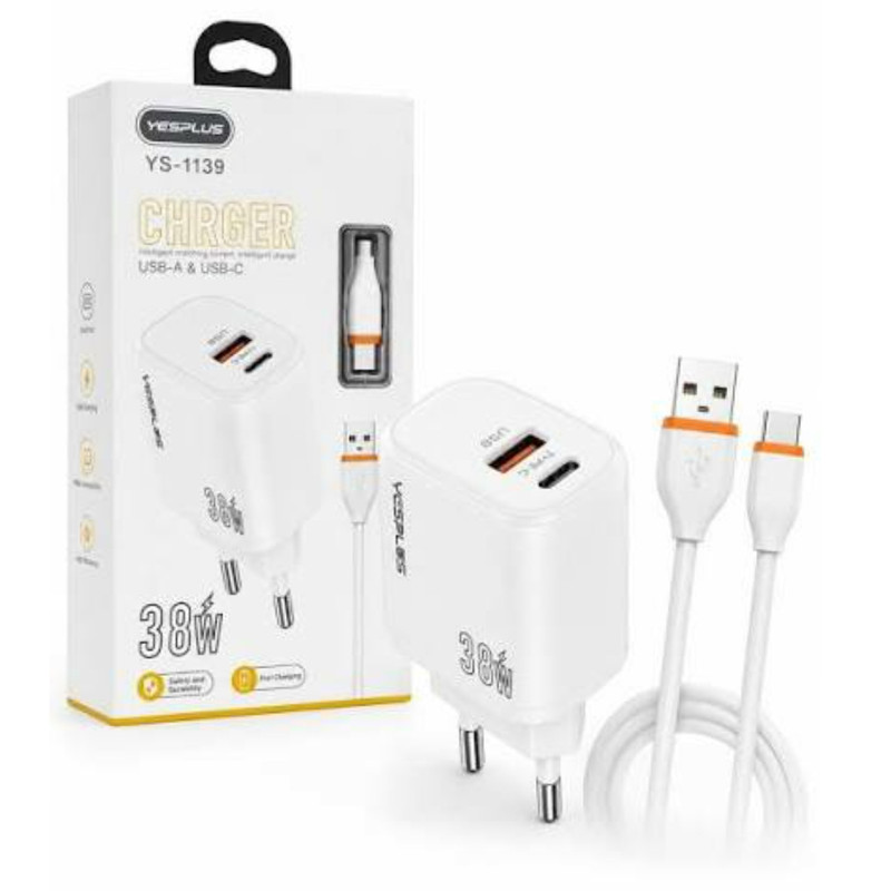 شارژر دیواری 38 وات 2 پورت یس پلاس مدل SUPER FAST CHARGING به همراه کابل تبدیل USB به USB-C