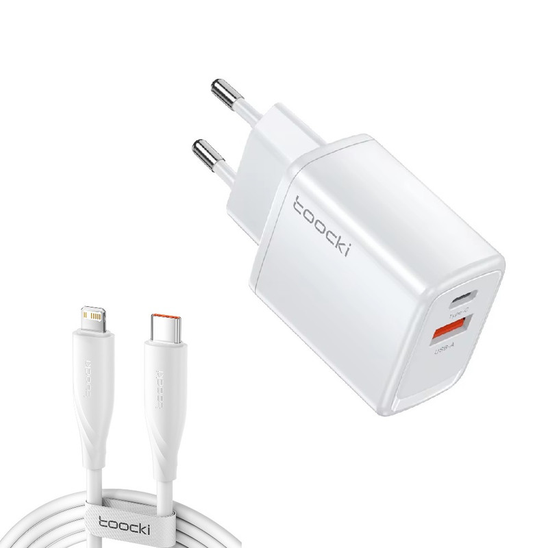 شارژر دیواری 20 وات  دو پورت توکی مدل JT-P20F به همراه کابل تبدیل USB-C به لایتنینگ