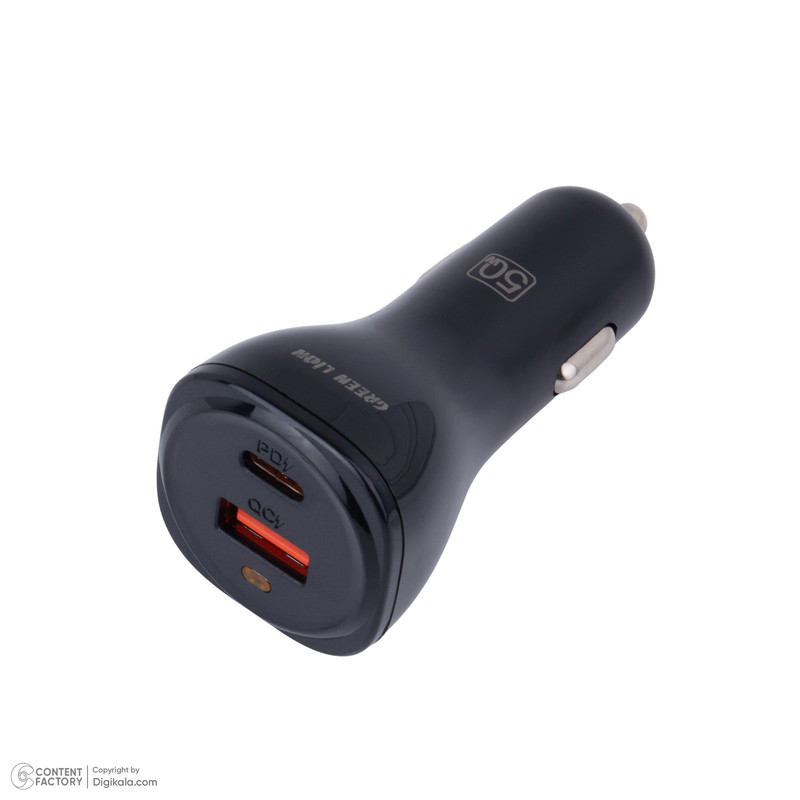 شارژر فندکی 30 وات 2 پورت گرین لاین مدل GNRCC50WBK به همراه کابل USB-C به USB-C به طول 1 متر