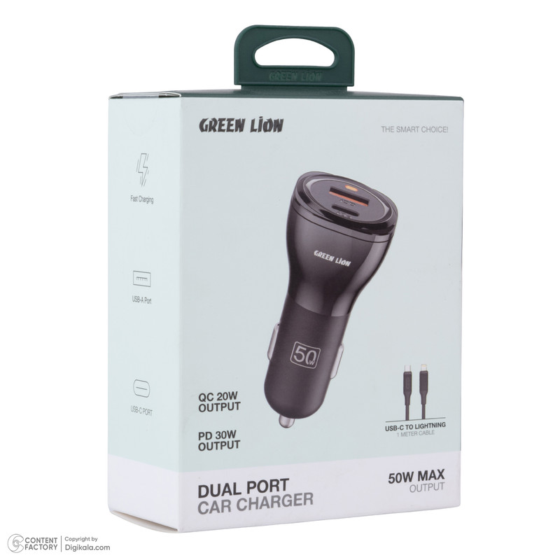 شارژر فندکی 30 وات 2 پورت گرین لاین مدل GNRCC50WBK به همراه کابل USB-C به USB-C به طول 1 متر