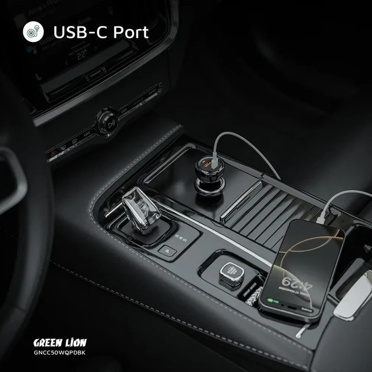شارژر فندکی 30 وات 2 پورت گرین لاین مدل GNRCC50WBK به همراه کابل USB-C به USB-C به طول 1 متر