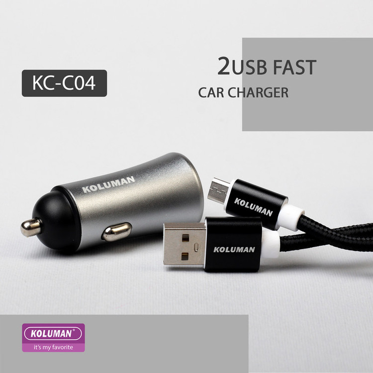 شارژر فندکی کلومن مدل KC - C04 به همراه کابل MICROUSB