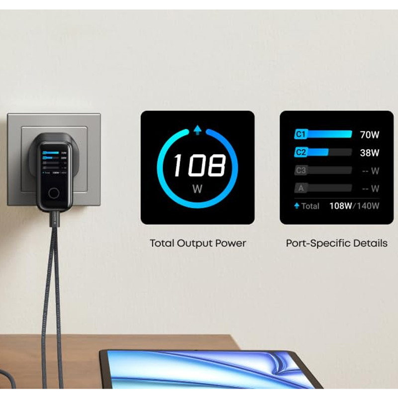 شارژر دیواری 140 وات 4 پورت انکر مدل B0DPKP7RD8 به همراه کابل USB-C به طول 1.5 متر