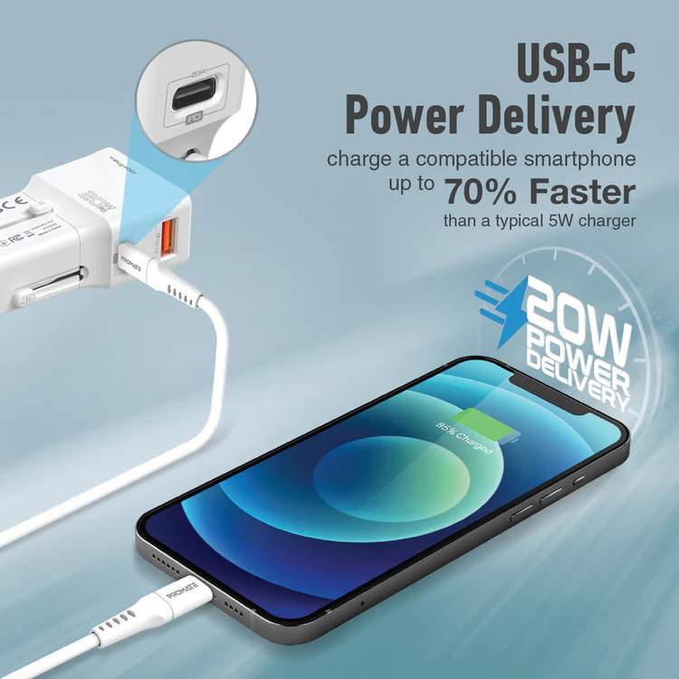شارژر دیواری 20 وات پرومیت مدل TRIPLUG-PD20.W