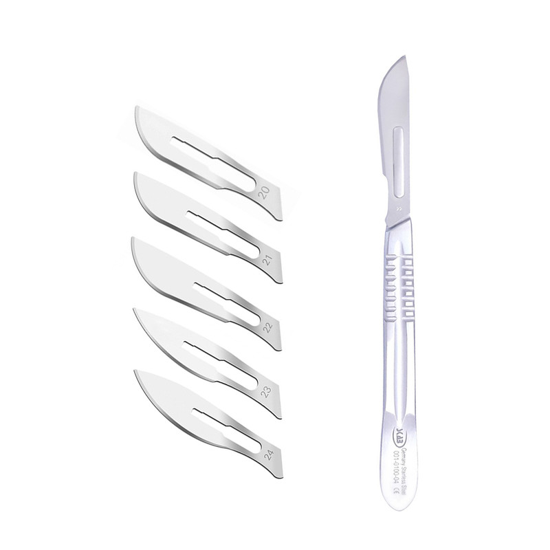 دسته تیغ جراحی اسکاب مدل MFN09631 شماره 4 به همراه تیغ استریل ترینون کد SKJ02369 مجموعه 5 عددی