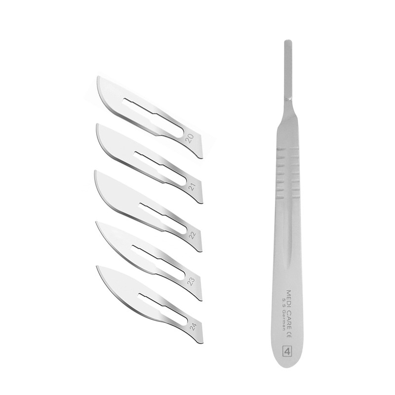 دسته تیغ جراحی مدی کر مدل MH63 شماره 4 به همراه تیغ استریل هاینز کد SKJQ002369 بسته 5 عددی