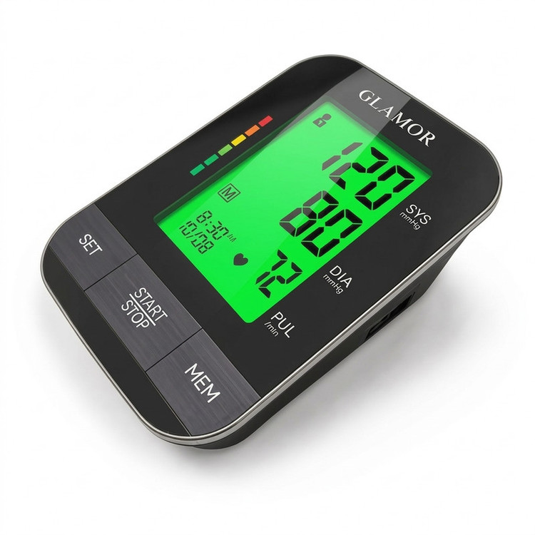 فشارسنج بازویی دیجیتال گلامور مدل DBP-1332، با نمایشگر LCD، اعلان صوتی فارسی، نور پسزمینه چندرنگ، منبع انرژی برق و باتری، مناسب بازو 22-42 سانتیمتر، دو پروفایل کاربر، بههمراه کیف ضدضربه، دو کاف بازویی و آداپتور برق