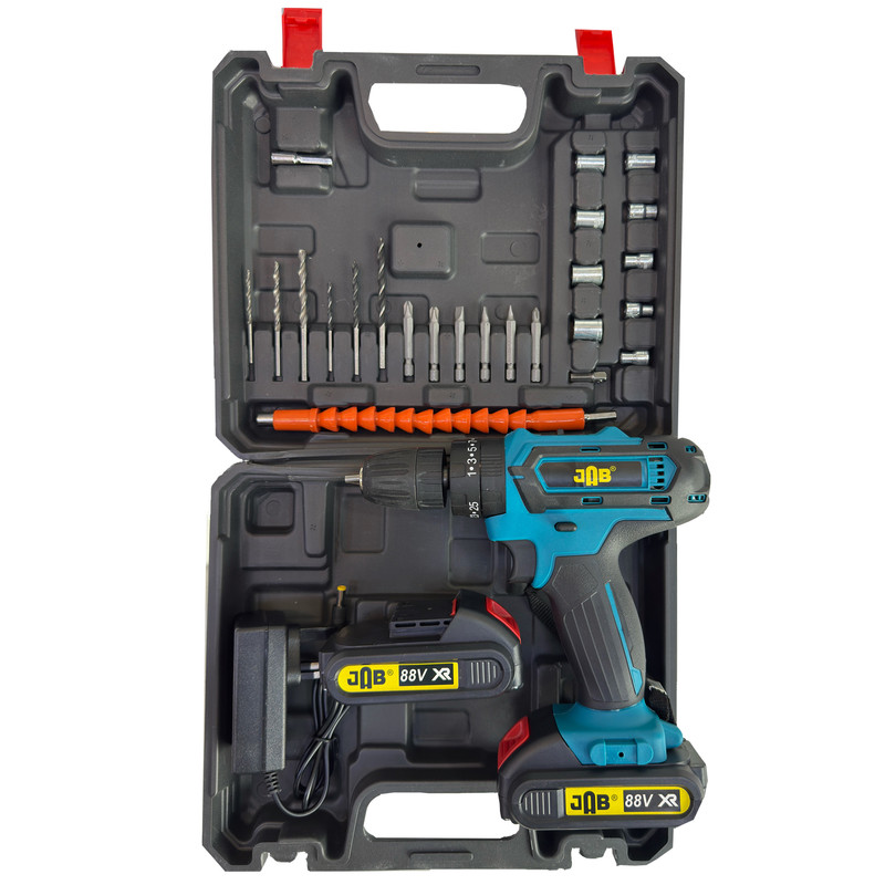 مجموعه 40 عددی دریل پیچ گوشتی شارژی سه نظام 10 میلیمتر 88 ولت جاب مدل JB-8827 PRO