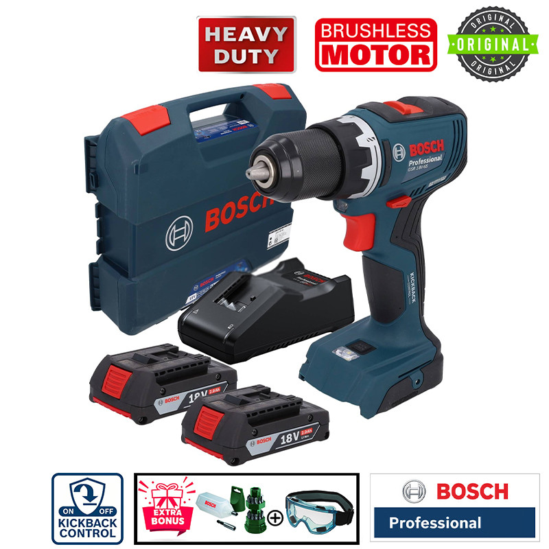 دریل پیچ گوشتی شارژی چکشی 13 میلی متری 18 ولت بوش مدل فوق حرفه ای هوشمند کد GSB 18V-65 Brushless Motor