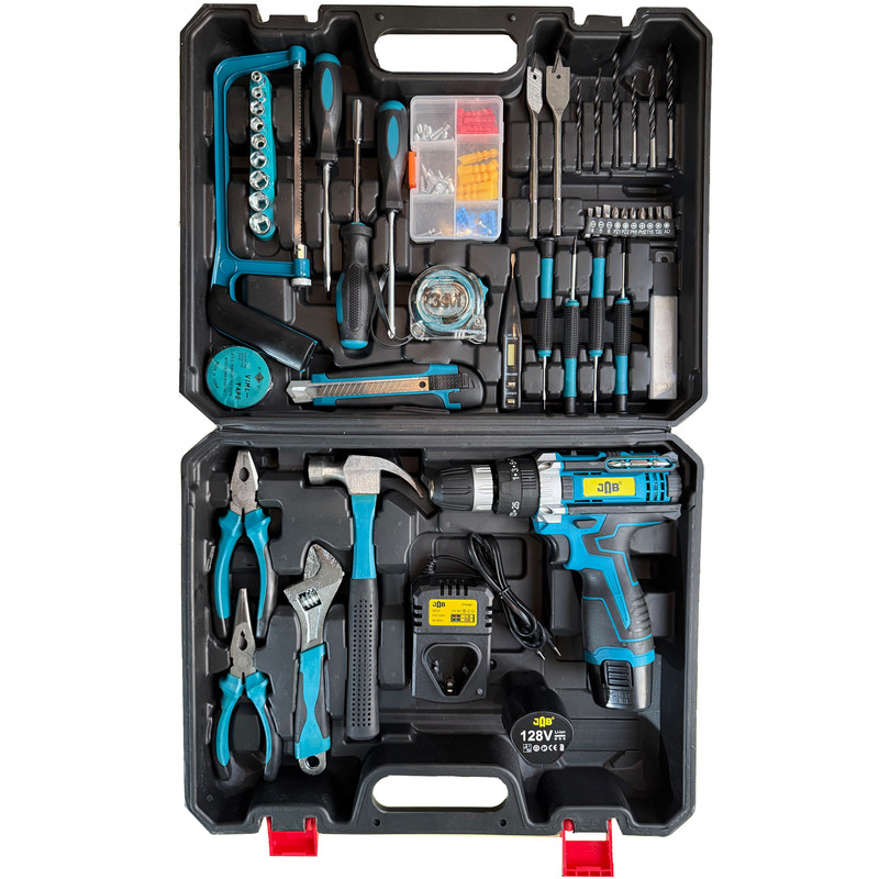 دریل پیچ گوشتی چکشی شارژی سه نظام 10 میلیمتر 128 ولت جاب مدل JB-128 POWER FULL KIT مجموعه 202 عددی