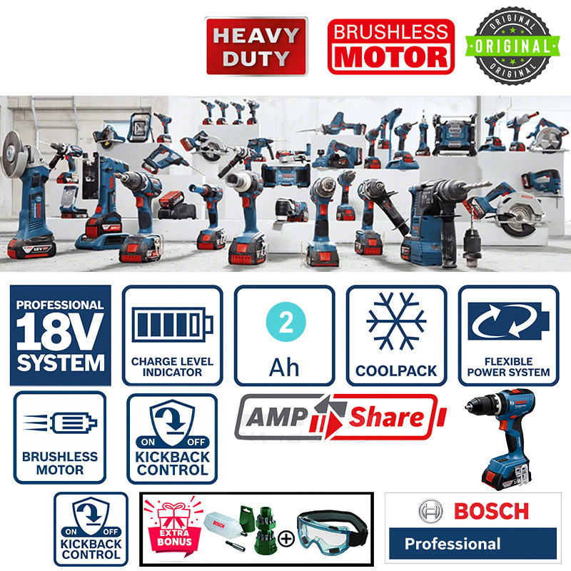 دریل پیچ گوشتی شارژی چکشی 13 میلی متری 18 ولت بوش مدل GSB 18 V 65 / EC Motor (2 AH)