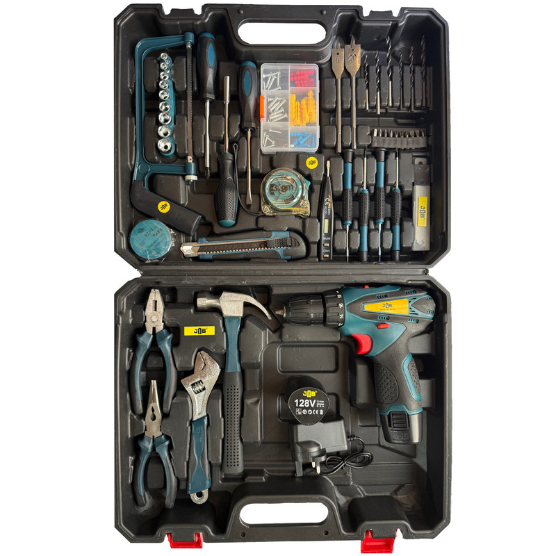 پیچ گوشتی چکشی شارژی سه نظام 10 میلیمتر 128 ولت جاب مدل JB-128 NetliX مجموعه 205 عددی