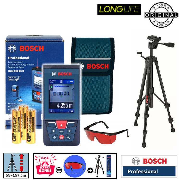 متر لیزری بوش مدل دوربین دار GLM 100-25 C Professional به همراه سه پایه و عینک لیزر برد 100 متر