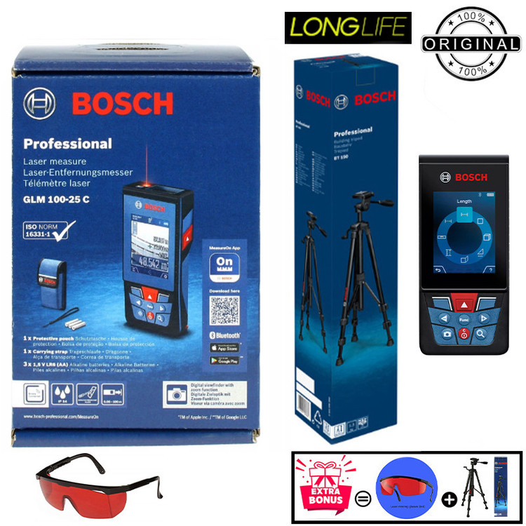 متر لیزری بوش مدل GLM 100-25 C / ISO NORM 16331-1 + BT150 + Red Glass Laser برد 100 متر