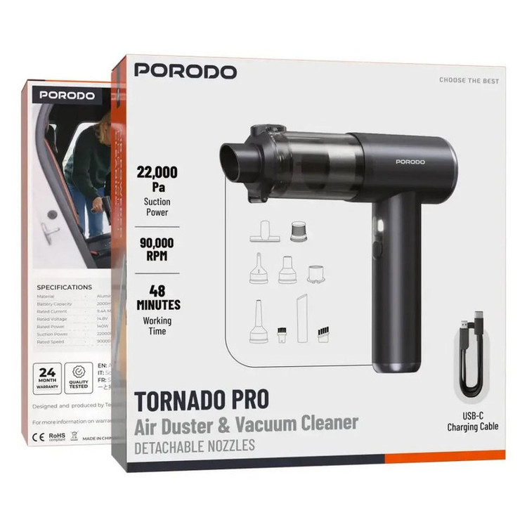 دمنده و مکنده شارژی پرودو مدل Tornado Pro PDM8DGY با موتور براشلس 90,000 دور در دقیقه، مکش 22,000 پاسکال، توان 140 وات، سه سطح تنظیم قدرت و باتری 8000 میلیآمپرساعت